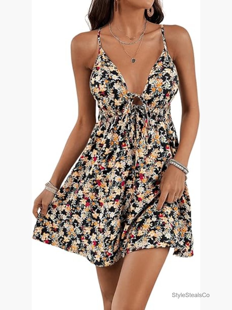 Floral Print Tie Front Backless Dress Deep V Neck Sleeveless Mini